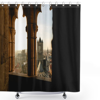 Personality  View Through Ancient Window At Beautiful Historical Cityscape Of Ghent, Belgium Shower Curtains