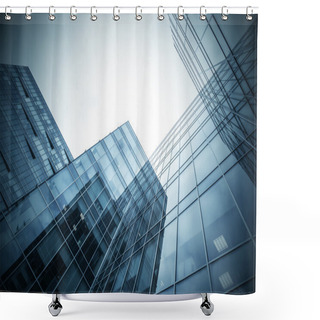 Personality  Panoramic And Prospective Wide Angle View To Steel Light Blue Background Of Glass High Rise Building Skyscraper Commercial Modern City Of Future. Business Concept Of Successful Industrial Architecture Shower Curtains