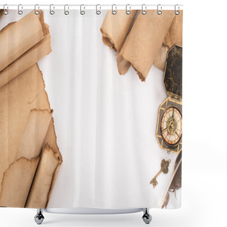 Personality  Top View Of Feather, Vintage Key, Compass And Aged Paper Isolated On White Shower Curtains