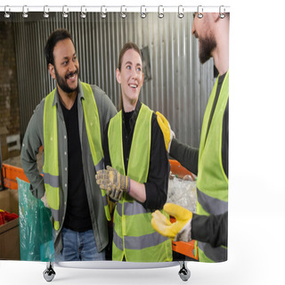 Personality  Cheerful Sorter In Protective Vest And Gloves Talking To Interracial Colleagues While Standing Near Trash On Conveyor And Working Together In Waste Disposal Station, Recycling Concept Shower Curtains