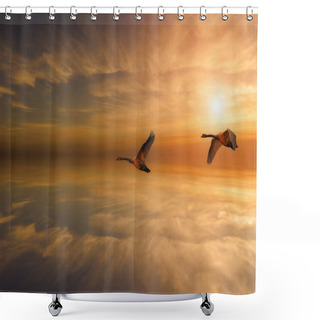 Personality  Two Big Geese Flying In The Sky At Sunset. Shower Curtains