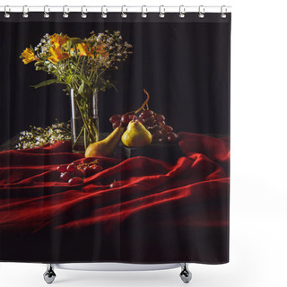 Personality  Still Life With Ripe Fruits And Flowers In Vase On Red Drapery On Black Shower Curtains