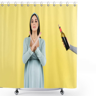 Personality  Pregnant Woman Showing Stop Gesture Near Bottle Of Red Wine Isolated On Yellow Shower Curtains