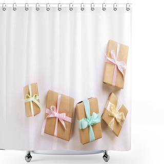 Personality  Rustic Composition W/ Bunch Of Beautiful Presents In Craft Paper Wrapping. Close Up Of Many Gifts In Brown Wrap With Ribbon And Bow. Shower Curtains