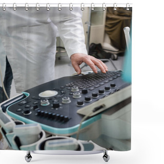 Personality   Cropped View Of Doctor In White Coat Adjusting Ultrasound Machine In Clinic Shower Curtains