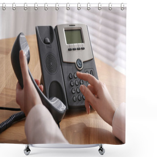 Personality  Woman Using Desktop Telephone At Wooden Table In Office, Closeup. Hotline Service Shower Curtains