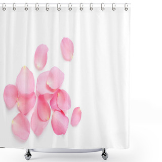 Personality  Fresh Pink Rose Petals On White Background, Top View Shower Curtains