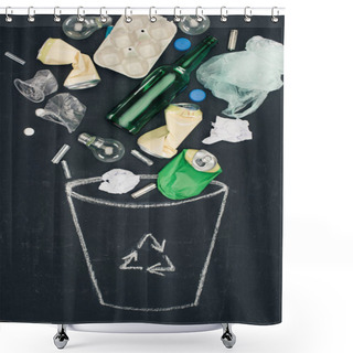 Personality  Various Types Of Trash Falling Into Drawn Trash Can With Recycle Sign On Chalkboard Shower Curtains