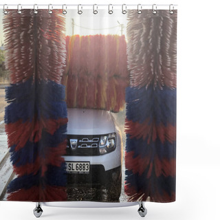 Personality  Car At In-bay Automatic Car Wash. Blurred Motion Of Rotating Washing Colorful Brushes. Shower Curtains