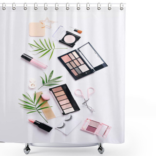 Personality  Set Of Professional Decorative Cosmetics, Makeup Tools And Accessory On White Background. Beauty, Fashion And Shopping Concept. Flat Lay Composition, Top View Shower Curtains