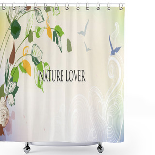 Personality  Nature Abstract Background. Sky, Tree Branches, Green Leaves And Birds Flying Banner Or Wallpaper Shower Curtains