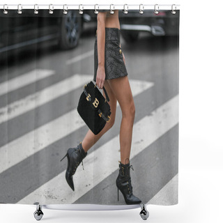 Personality  Paris, France - February 28, 2020: Woman Wearing A Black Balmain Handbag - Streetstylefw20 Shower Curtains