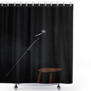 Personality  Microphone On Stand On Black Stage With Curtain And Wooden Chair Shower Curtains