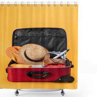 Personality  Toy Plane, Straw Hat, Flip Flops And Clothes In Travel Bag On Yellow Background Shower Curtains