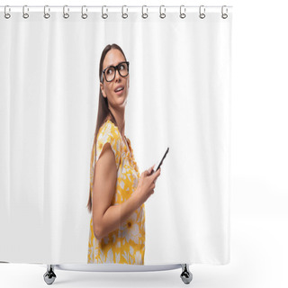 Personality  A Young Woman Dressed In A Yellow Sundress And With Glasses Chatting On The Phone. Shower Curtains