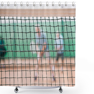 Personality  Selective Focus Of Net On Court And Players With Tennis Equipment Shower Curtains