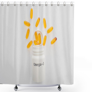 Personality  Top View Of Opened Container With Omega-3 Yellow Capsules On White Background Shower Curtains