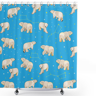 Personality  Seamless Pattern With Polar Bears, Stars And Constellation On The Blue Background. Vector Illustration. Endless Texture For Your Design, Fabrics, Wallpapers, Greeting Cards, Wrappings. Shower Curtains
