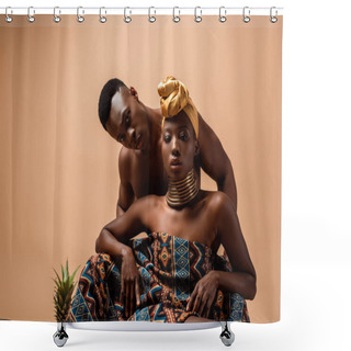 Personality  Sexy Naked Tribal Afro Woman Covered In Blanket Posing Near Man On Beige Shower Curtains