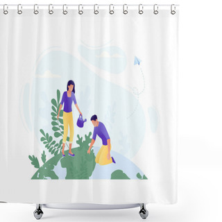 Personality  Little People Plant Trees Together On The Big Planet - Save The Planet, Happy Earth Day, Save Energy, Ecology, World Environment Day Concept. Flat Concept Vector Illustration For Web, Landing Page Shower Curtains