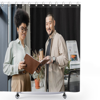Personality  Asian Businessman With Coffee And African American Businesswoman Looking At Camera In Office Shower Curtains