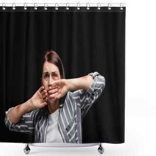 Personality  Scared Woman With Bruises Looking At Camera Isolated On Black  Shower Curtains