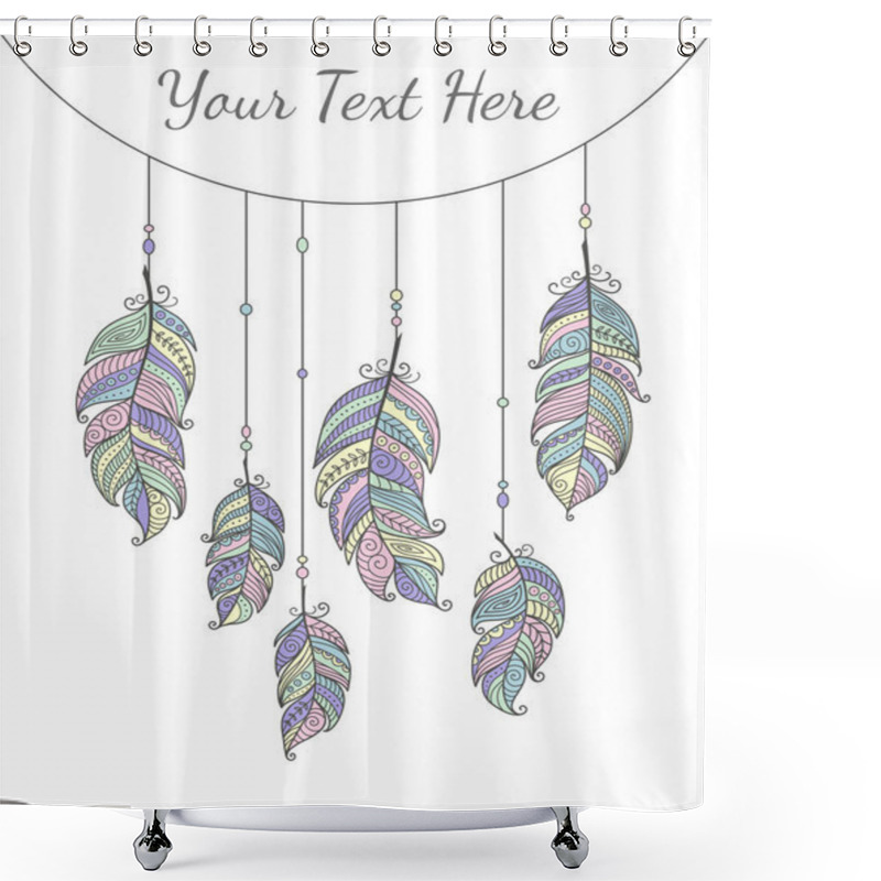 Personality  Card With Ethnic Bird Feathers In Boho Style. Boho Collection Pastel Colors Vector Hand Drawn, Tribal Gipsy Concept. Doodles Illustration.  Shower Curtains