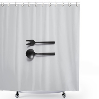 Personality  Top View Of Black Spoon And Fork On White Table, Minimalistic Concept Shower Curtains