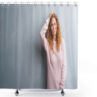 Personality  Young Redhead Woman Over Grey Grunge Wall Wearing Pink Sweater Confuse And Wonder About Question. Uncertain With Doubt, Thinking With Hand On Head. Pensive Concept. Shower Curtains