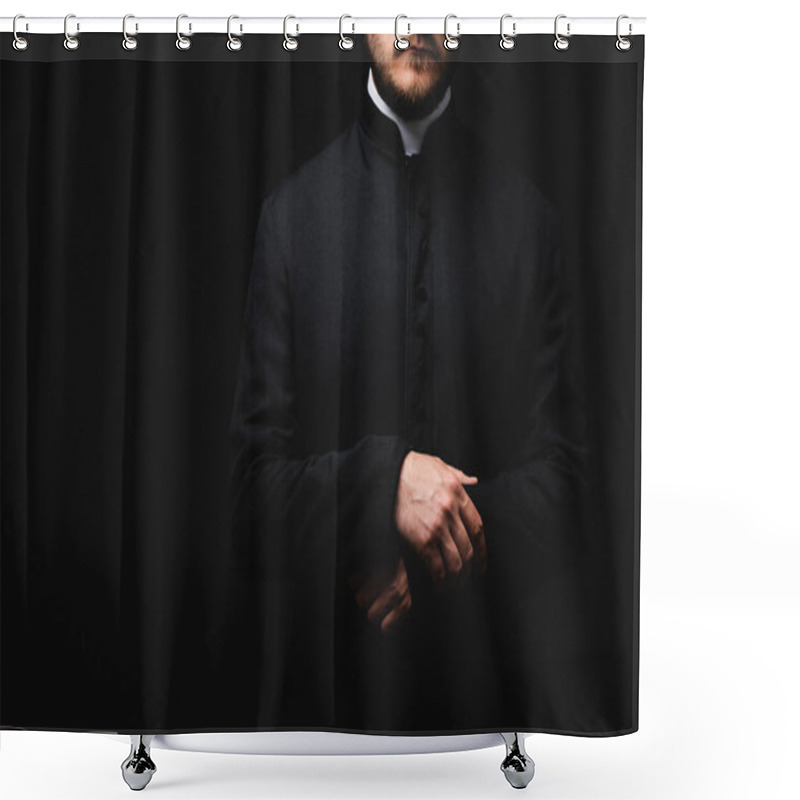 Personality  Cropped View Of Priest Standing Isolated On Black  Shower Curtains