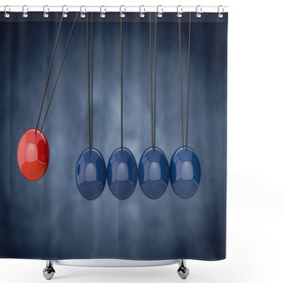 Personality  3d Newtons Cradle. Red Sphere Hanging On Threads Hitting Many Blue Ones. Leadership, Power And Uniqueness Concept. Shower Curtains