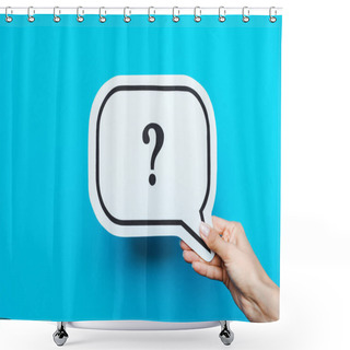 Personality  Cropped View Of Woman Holding White Speech Bubble With Question Mark On Blue Shower Curtains