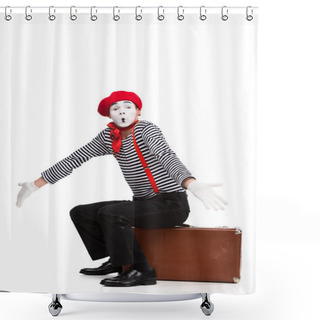 Personality  Mime Sitting On Brown Suitcase And Showing Shrug Gesture Isolated On White Shower Curtains