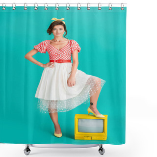 Personality  Stylish Pin Up Woman With Hand On Hip Looking At Camera While Stepping On Yellow Vintage Tv On Turquoise Shower Curtains
