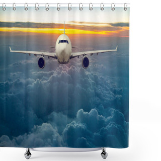 Personality  White, Passenger Airliner Fly In Sky Shower Curtains
