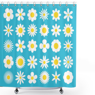 Personality  White Daisy Chamomile Icon. Camomile Super Big Set. Cute Round Flower Plant Nature Collection. Love Card Symbol. Decoration Element. Growing Concept. Flat Design. Blue Background. Isolated. Vector Shower Curtains