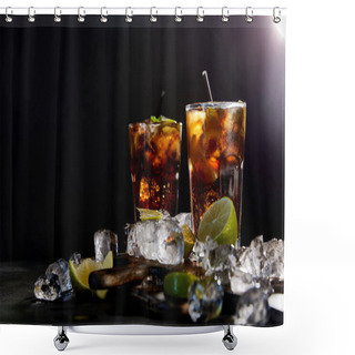 Personality  Cocktails Cuba Libre In Glasses With Straws, Ice Cubes And Limes On Black Background  Shower Curtains