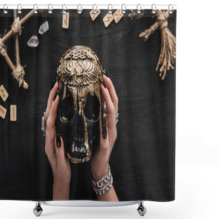Personality  Top View Of Witch Holding Skull Near Runes, Crystals And Voodoo Doll On Black  Shower Curtains