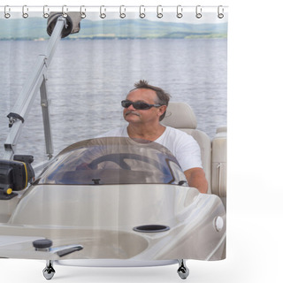 Personality  Mature Men Driving A Pontoon Boat On A Lake Shower Curtains