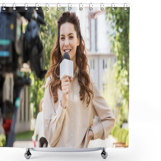 Personality  Attractive Smiling Female Journalist With Microphone Talking To Digital Video Camera Shower Curtains