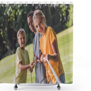 Personality  Selective Focus Of Happy Multicultural Kids Competing In Tug Of War  Shower Curtains