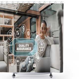 Personality  Selective Focus Of Smiling Asian Businesswoman Sitting On Couch And Using Laptop, Quality Assurance Illustration Shower Curtains