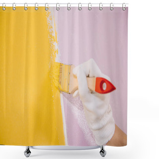Personality  Partial View Of Painter Painting Wall In Yellow And Pink With Paintbrush Shower Curtains