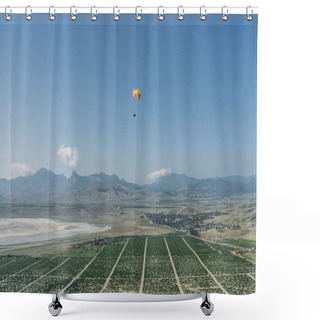 Personality  Mountainous Landscape With Paratrooper Flying In The Sky, Crimea, Ukraine, May 2013 Shower Curtains