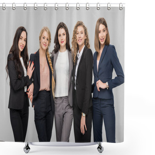 Personality  Beautiful Young Businesswomen Standing And Smiling Isolated On Grey Shower Curtains
