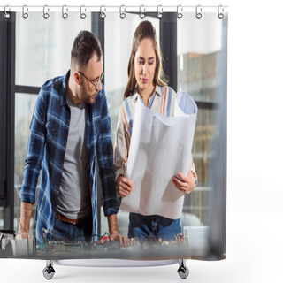 Personality  Woman Showing Project Blueprint To Male Engineer Shower Curtains