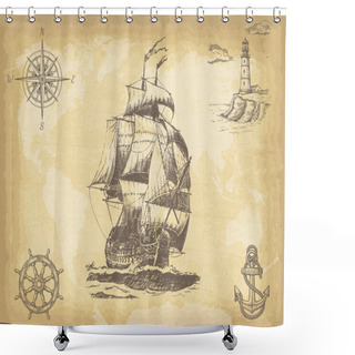 Personality  Abstract Hand Drawn Background With Vintage Sailing Ship, Compass, Lighthouse, Ship Wheel, Anchor And World Map On Old Paper Texture. Template For Your Design Works. Vector Illustration. Shower Curtains