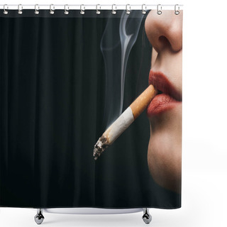 Personality  Cropped View Of Woman Smoking Cigarette Isolated On Black  Shower Curtains