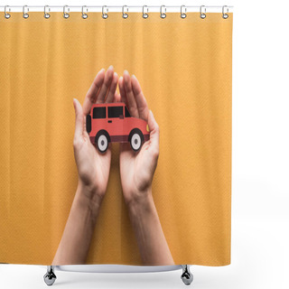 Personality  Partial View Of Woman Holding Paper Cut Car On Orange Background Shower Curtains
