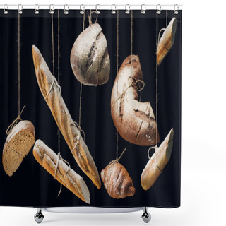 Personality  Fresh Baked Bread, Baguettes And Croissant With Flour Hanging On Ropes Isolated On Black Shower Curtains